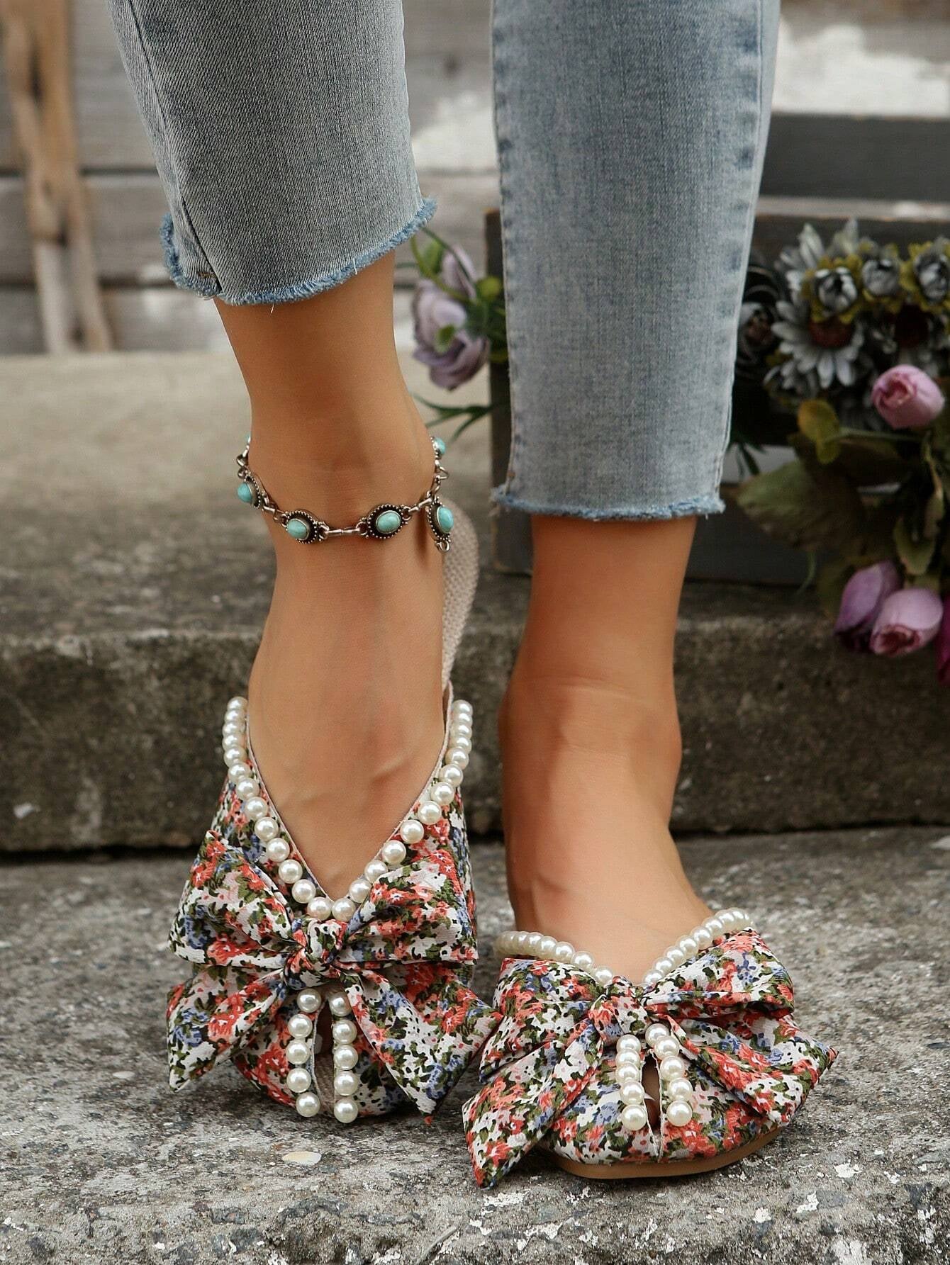 Women'S Student Back-To-School Season Full-Print Faux Pearl Design Bow Flat Sandals Outdoor Fashion Wedding Work School Dormitory Vacation Travel Beach Can Be Worn