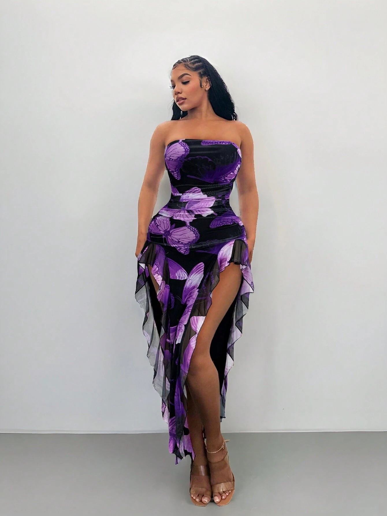 SXY Summer Butterfly Print Flared High-Low Bandeau Bodycon Dress