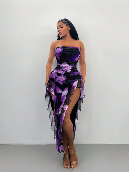 SXY Summer Butterfly Print Flared High-Low Bandeau Bodycon Dress