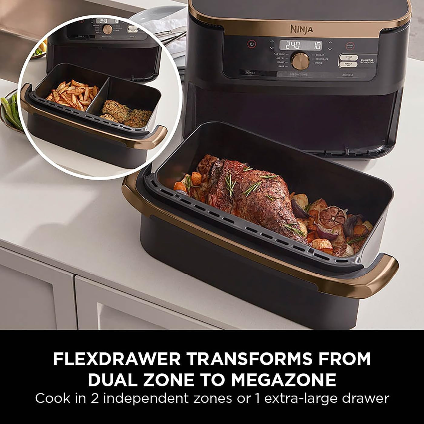 Foodi Flexdrawer Air Fryer, Dual Zone with Removable Divider, Large 10.4L Drawer, 7-In-1, Air-Fryer, Air Fry, Roast, Bake, Crisp, Non-Stick Dishwasher Safe Parts, Black and Copper, AF500UKCP