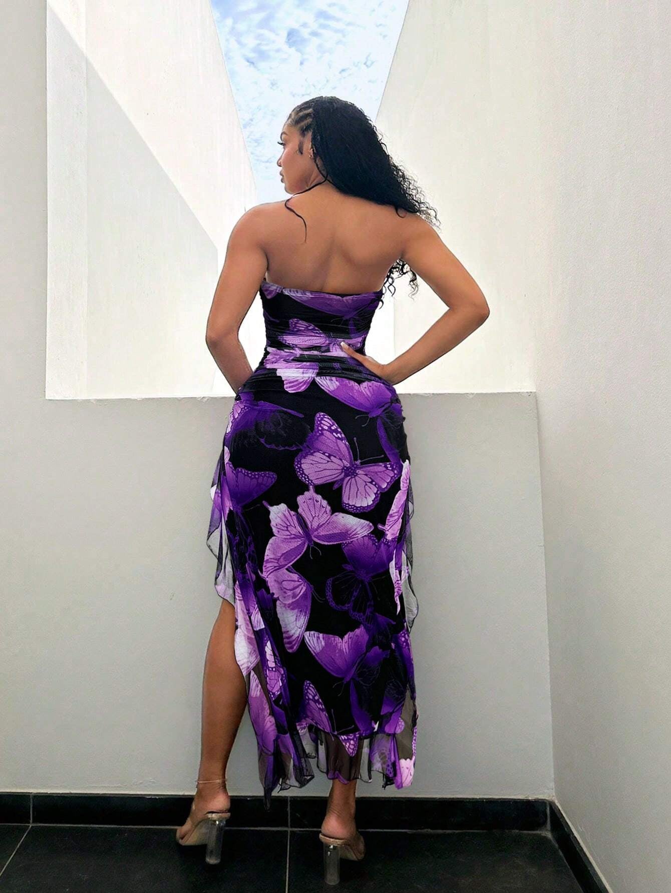 SXY Summer Butterfly Print Flared High-Low Bandeau Bodycon Dress