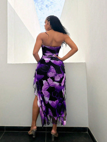 SXY Summer Butterfly Print Flared High-Low Bandeau Bodycon Dress