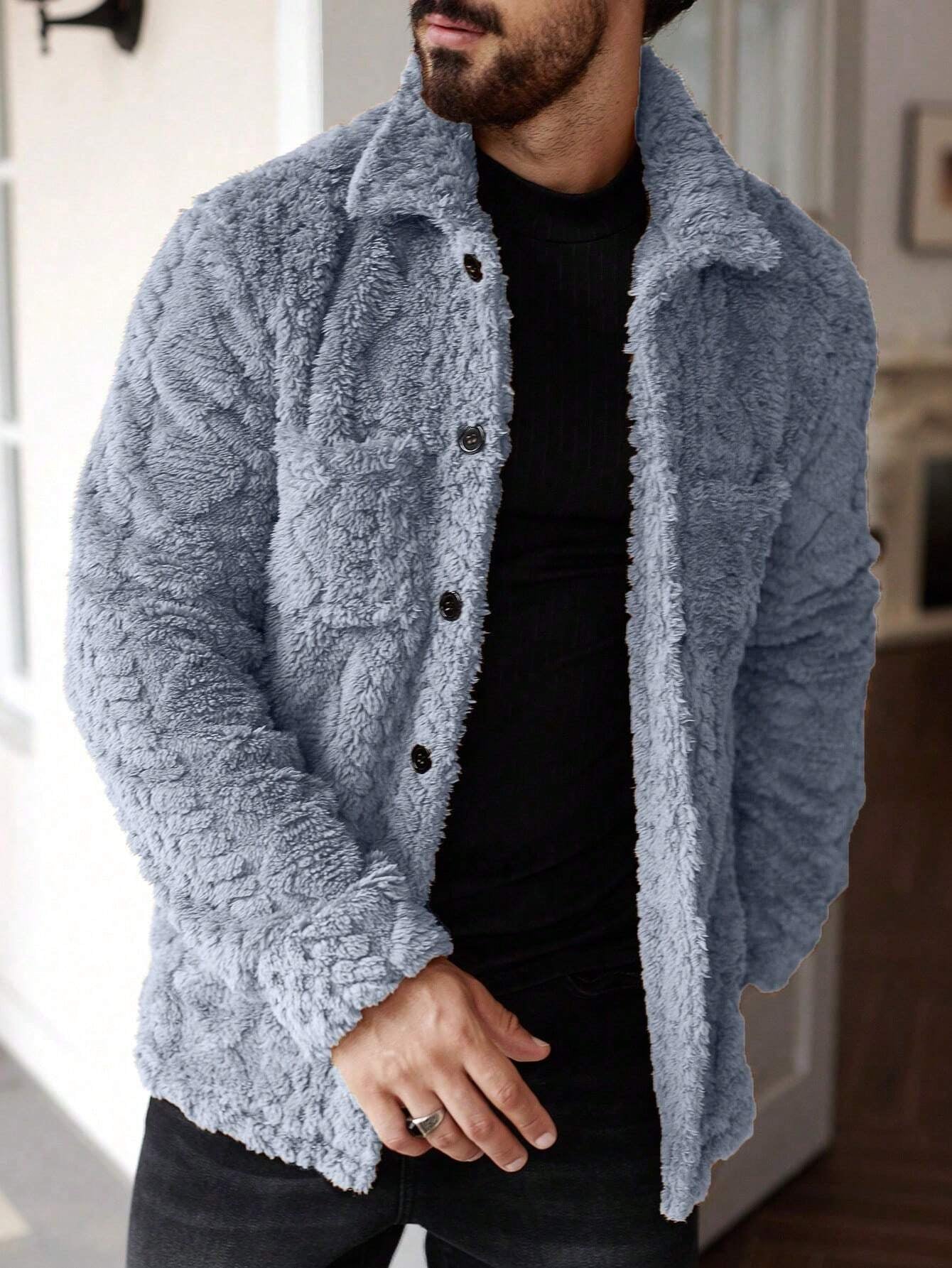 Manfinity Homme Men'S Casual Solid Color Fuzzy Jacket for Autumn/Winter ,Men Flannel,Winter Men Jacket, Going Out Warm Long Sleeve Jacket, for Friends, Husband, Boyfriend Gifts