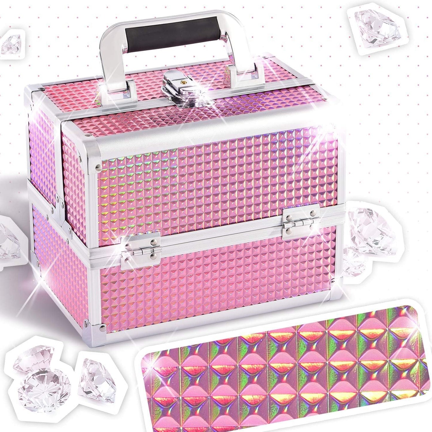 Holographic Pink Makeup Box Vanity Case - Lockable Cosmetic Organizer with Mirror for Professional and Personal Use