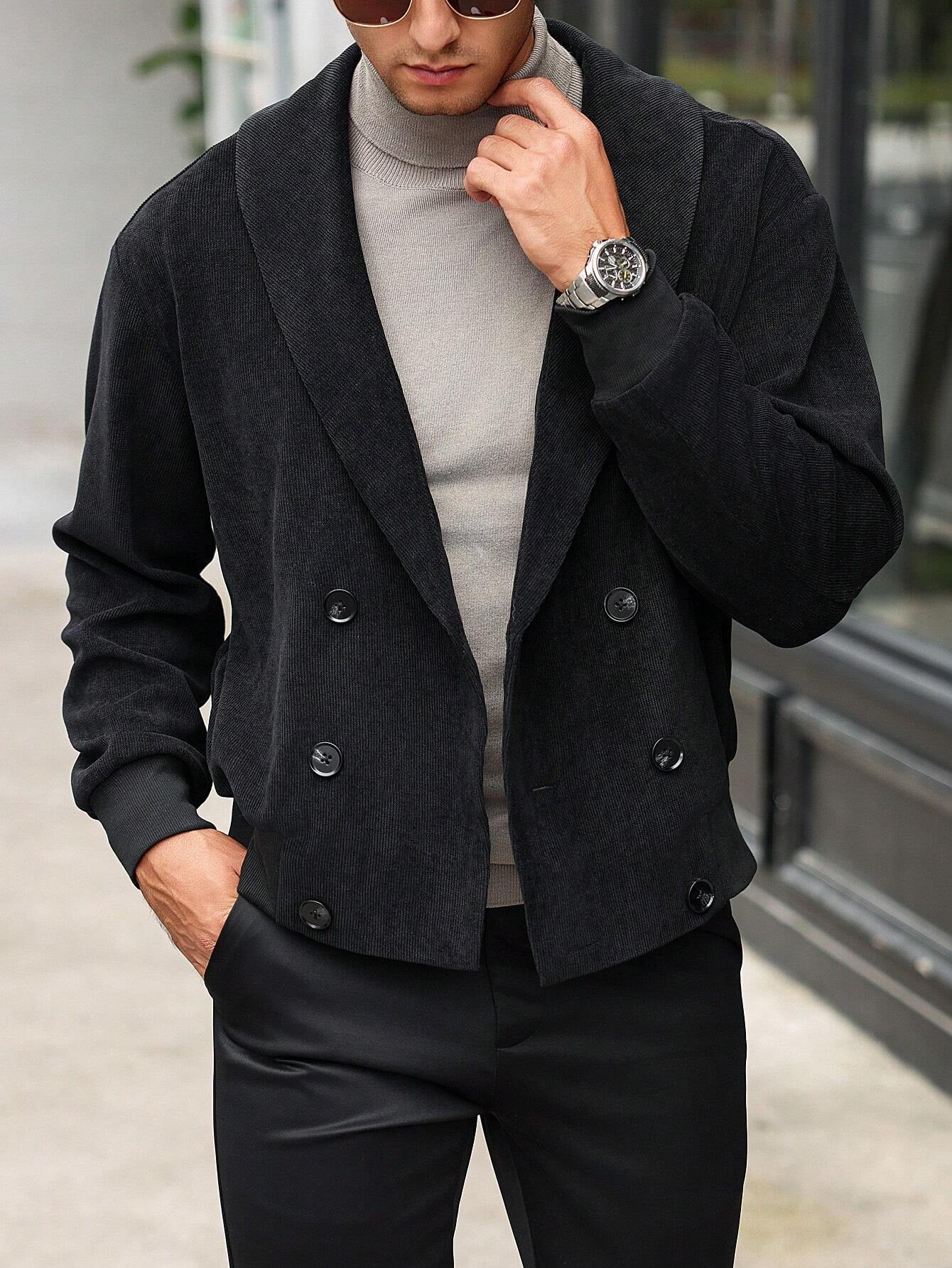 Manfinity Bizformal Men'S Autumn Casual Shawl Collar Double-Breasted Long Sleeve Black Jacket ,Fall and Winter Men ,Men Jacket. Going Out Light Jacket, for Friends, Husband, Boyfriend Gifts