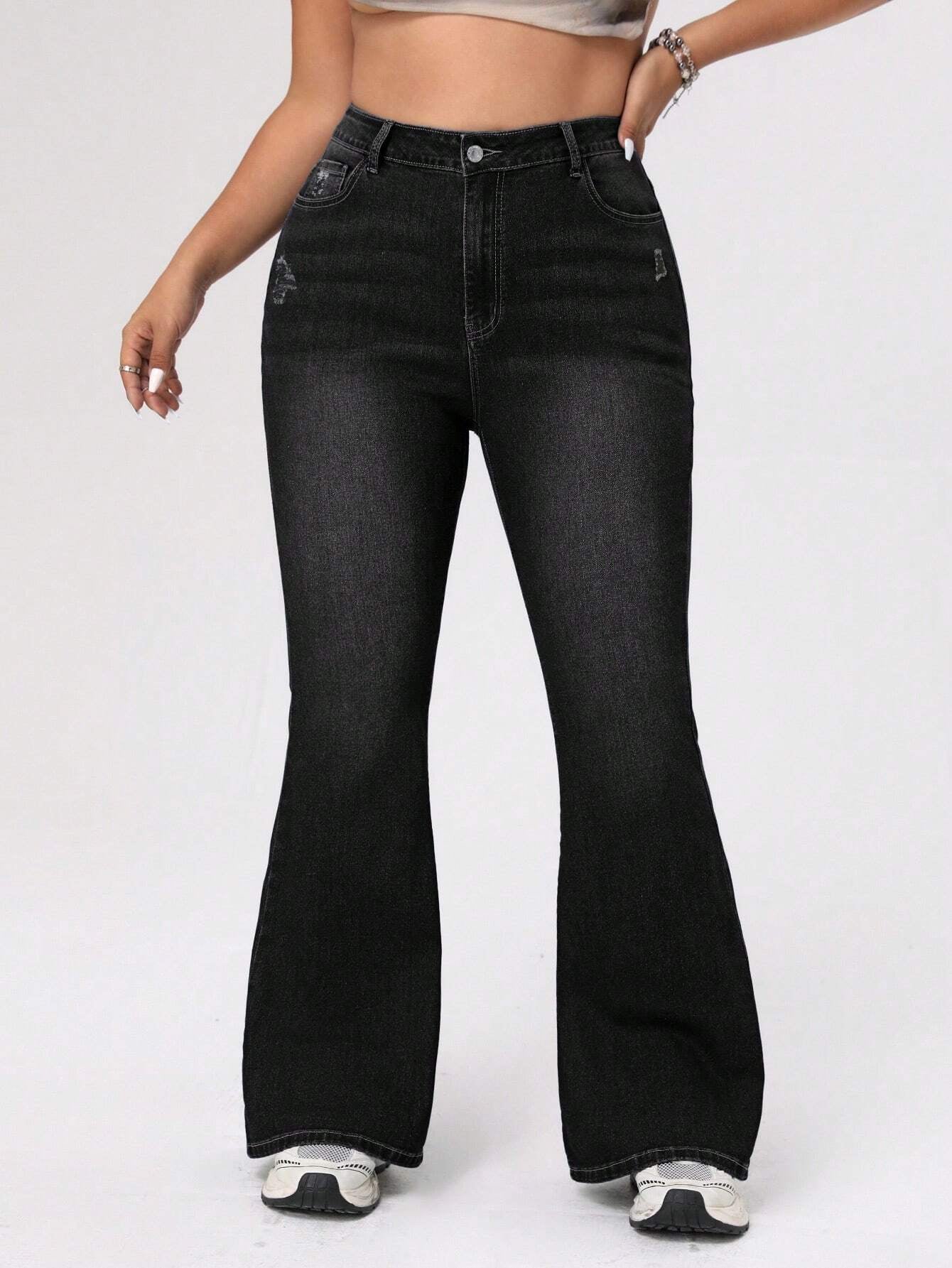 ICON Plus Size Women's Distressed Flared Jeans