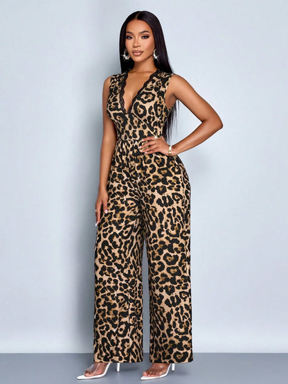 SOLERSUN Women'S Contrast Lace Leopard Print Deep V Sleeveless Wide Leg Jumpsuit, Elegant for Commuting and Casual Dating, Sexy & Romantic, Spring/Summer