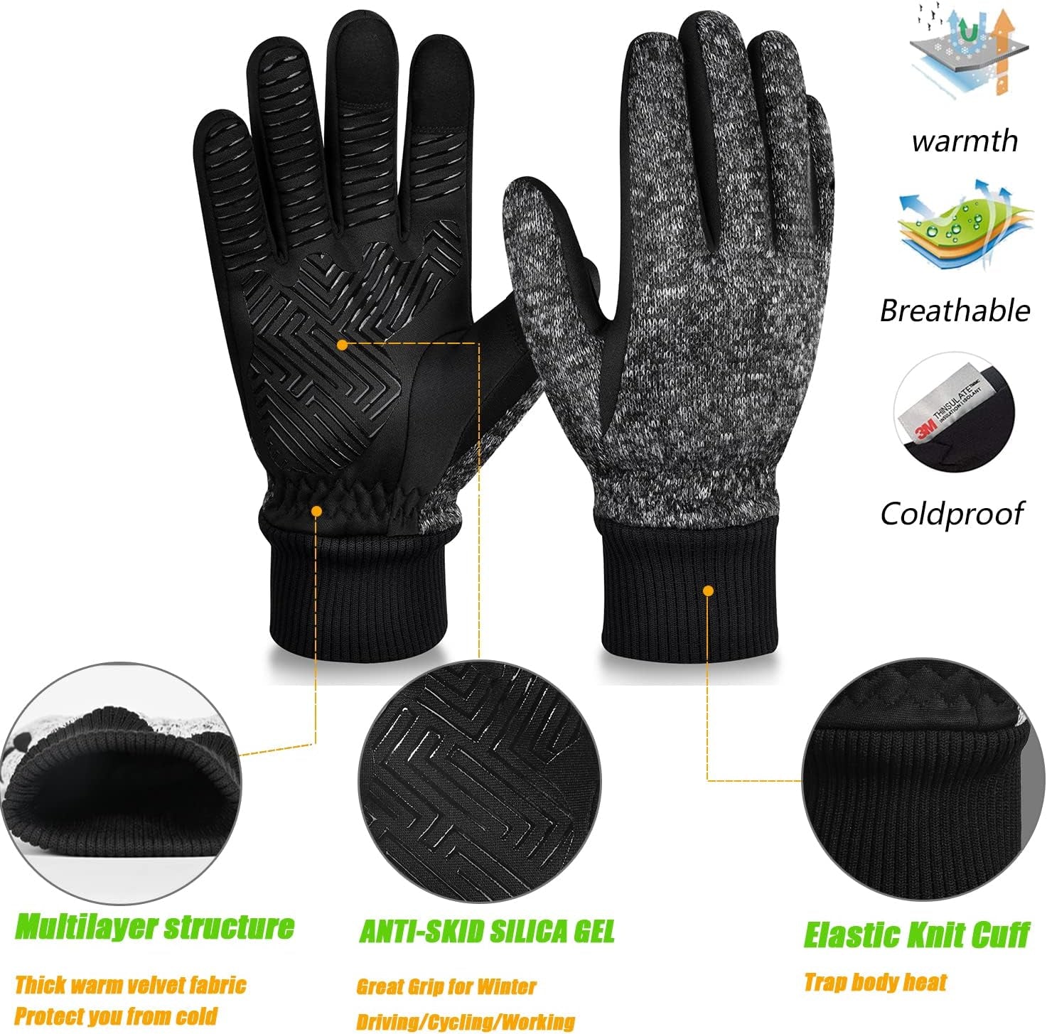 3M Thinsulate Winter Gloves - Men & Women, -10°F Thermal, Touchscreen, Anti-Slip, Cycling, Skiing, Running, Hiking, Driving, Outdoor Sports