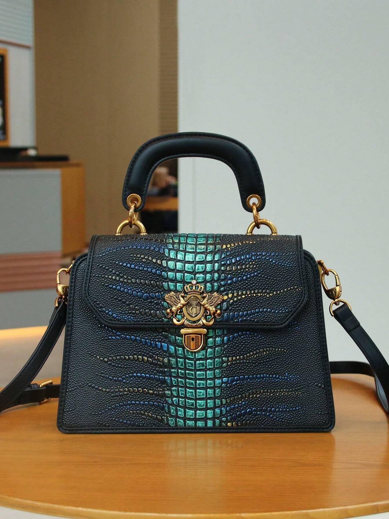 Luxury Custom 2025 New Vintage Women'S Handbag, Fashion Elaborate Luxurious Blue & Gold Snake Print Lock Ornament Tote Bag, Mature Style Shoulder & Crossbody Bag, Detachable Handle