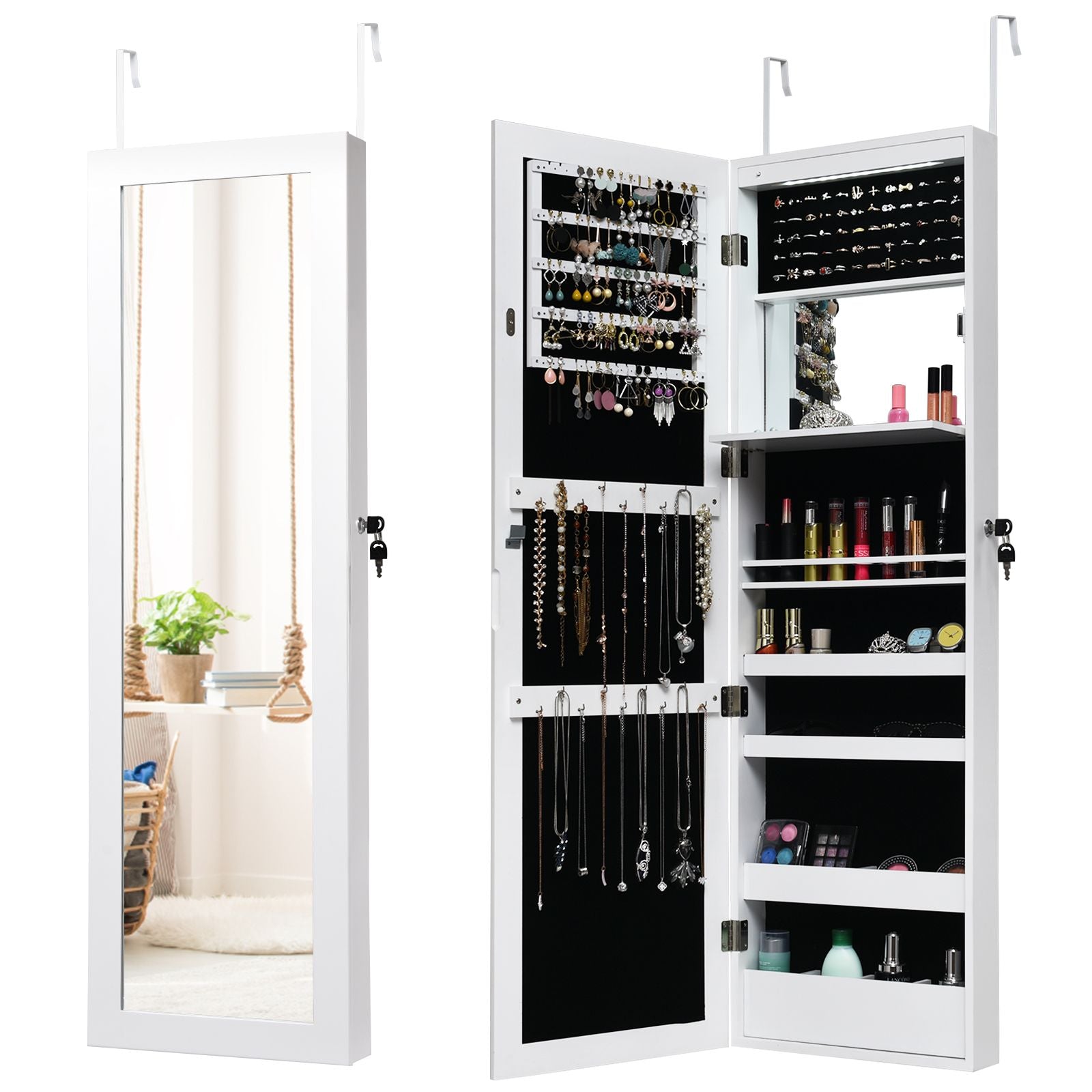 Elegant 120 cm Lockable Jewelry Cabinet Mirror with 15 LED Lights for Secure and Stylish Organization