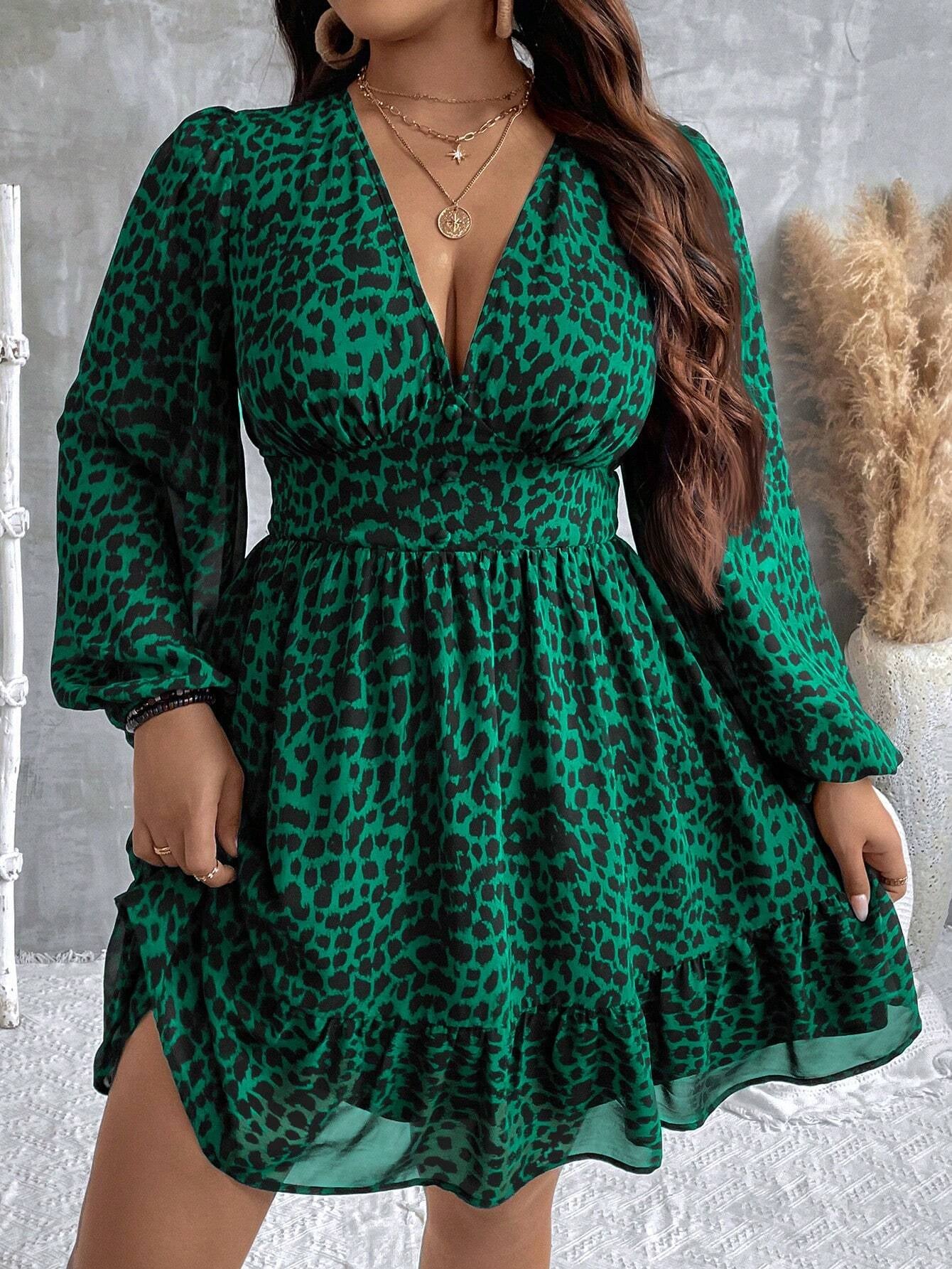 Plus Size Sheer Two-Layer Chiffon Dress with Classic Leopard Print and Long Sleeves