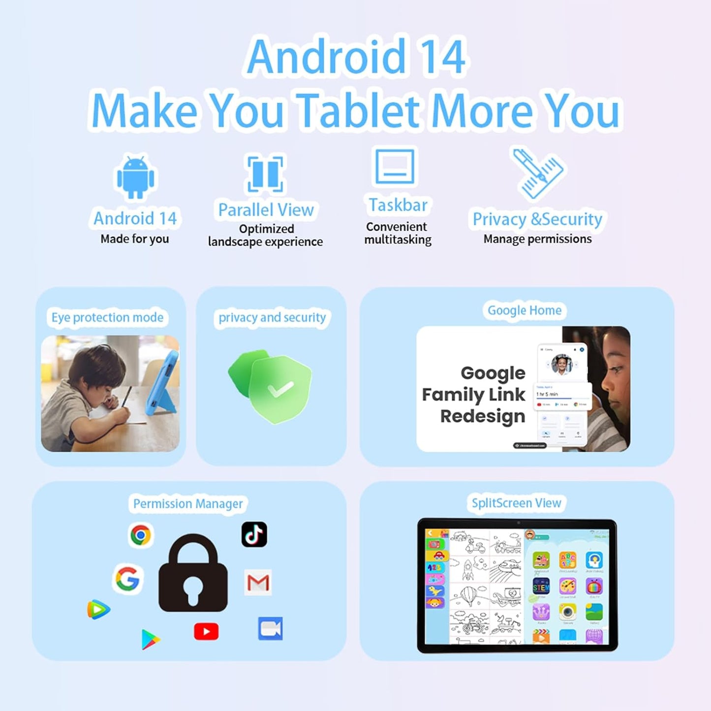 Android 14 Kids Tablet 10 Inch,Tablet for Children with Family Link Parental Control,8Gb+128Gb up to 1Tb,Octa-Core,Wifi 6,GMS to Learn Tablets for Toddlers,Face Id,Shockproof EVA Case (Blue）