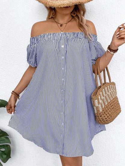 LUNE plus Size Holiday Casual Striped off Shoulder Dress, for Summer