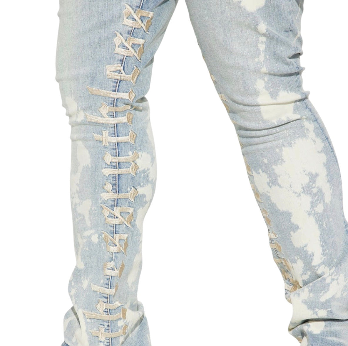 Ruthless Embroidered Stacked Skinny Flare Jeans Bleach Blue Wash