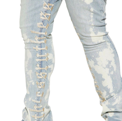 Ruthless Embroidered Stacked Skinny Flare Jeans Bleach Blue Wash