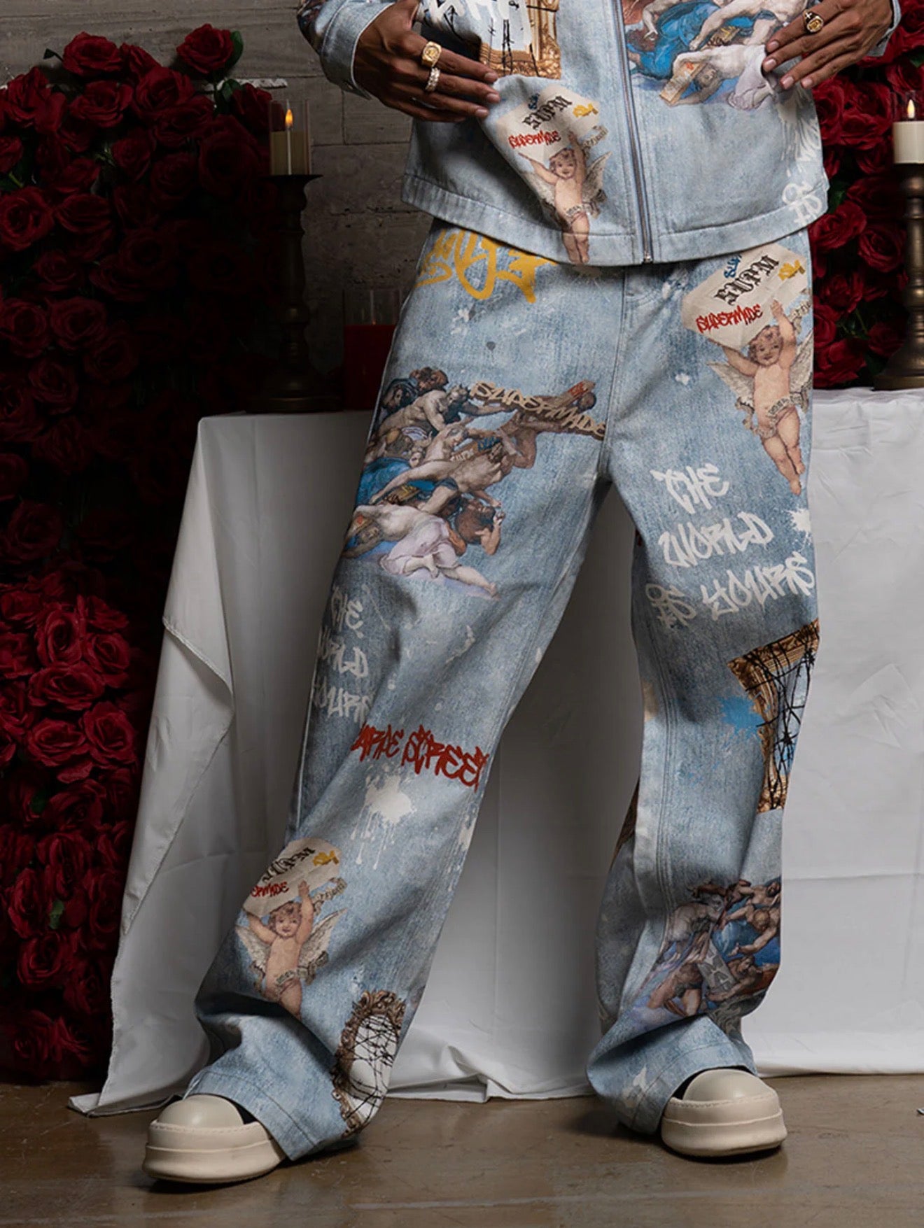 RETRO ARTISTIC GRAFFITI ANGELIC PRINTS BAGGY JEANS