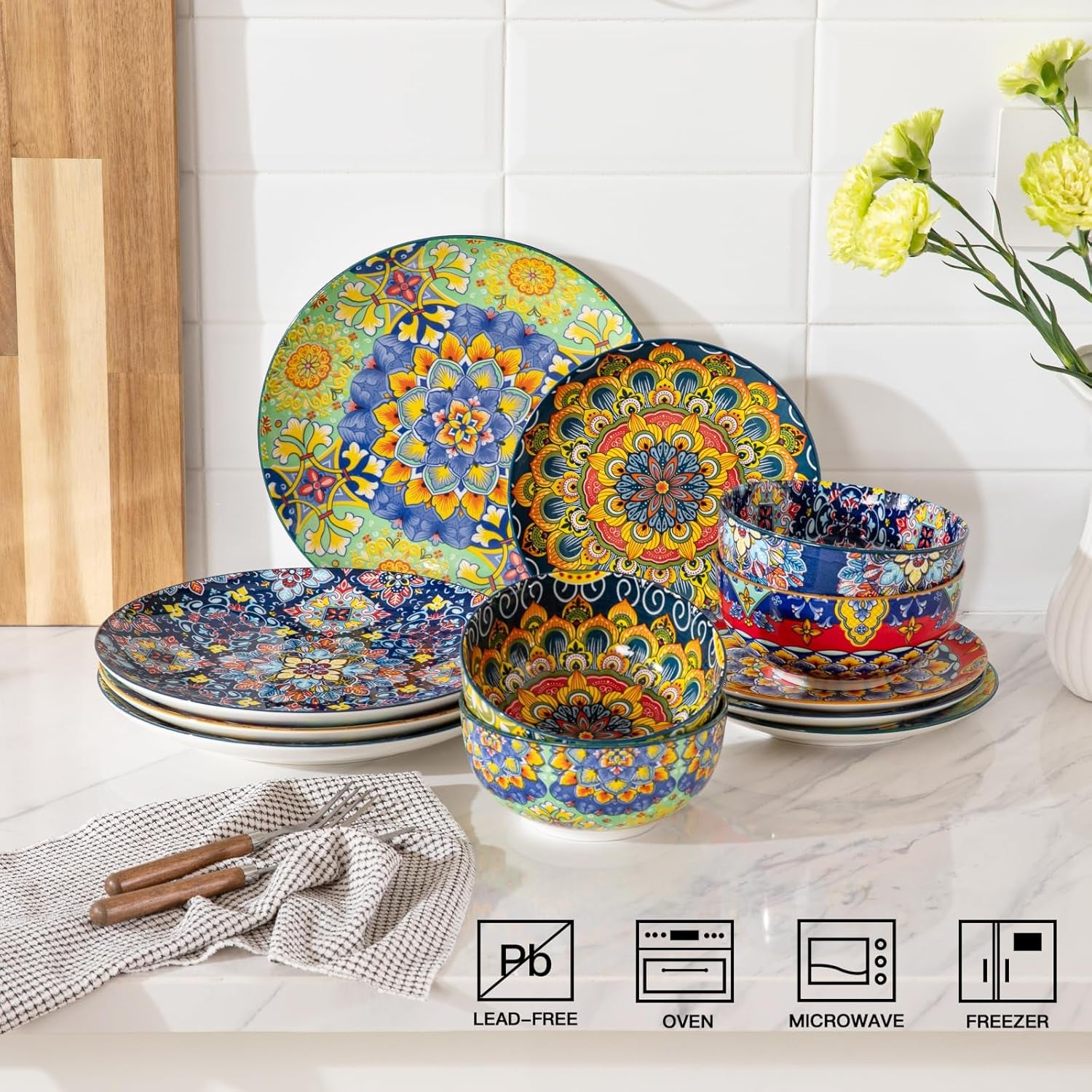 Ceramic Dinnerware Sets for 4,12 Pieces Boho Plates and Bowls for Kitchen,Housewaring Gift,Bohemian Style Dish Set,Dishwasher and Microwave Safe(Colorful)