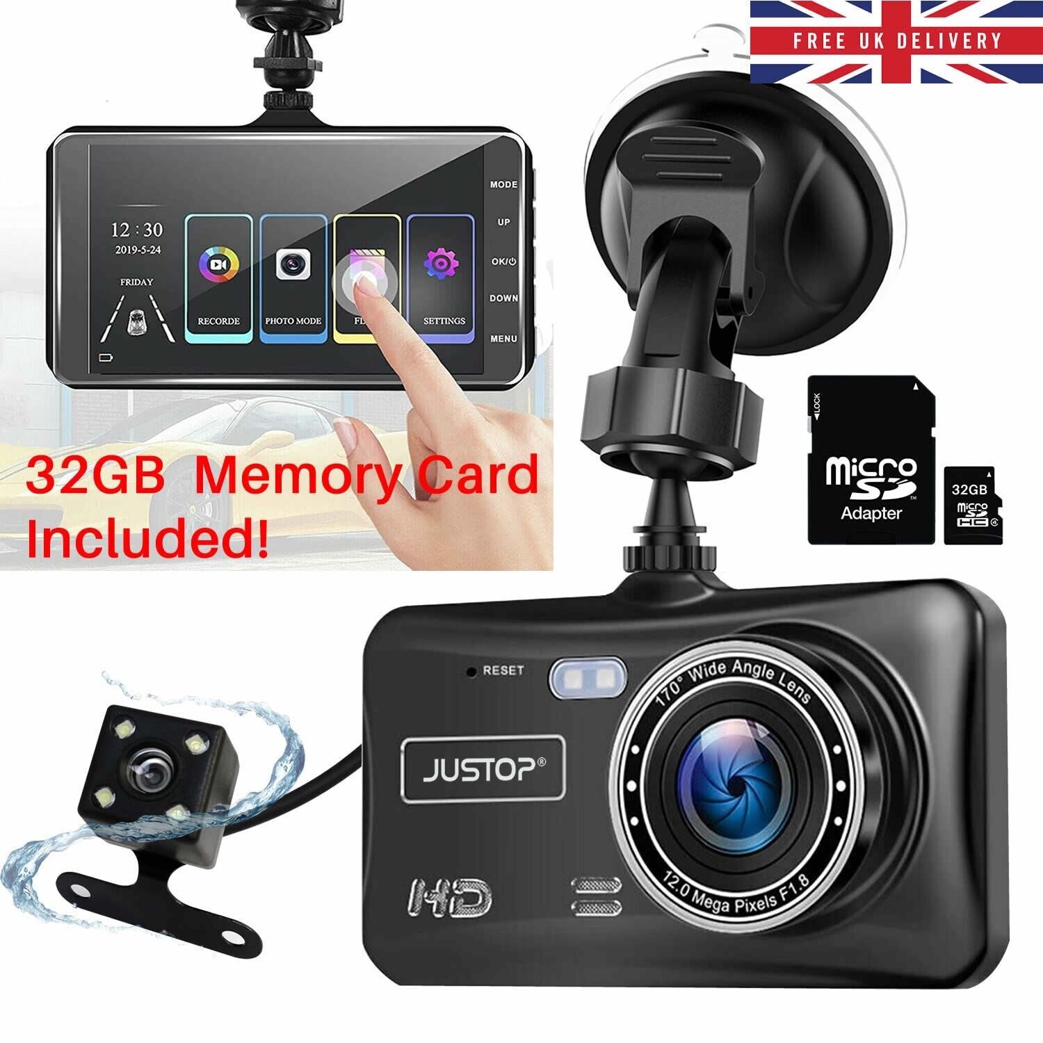 HD 1080P Front and Rear Car Dash Camera with Night Vision and 32GB SD Memory Card