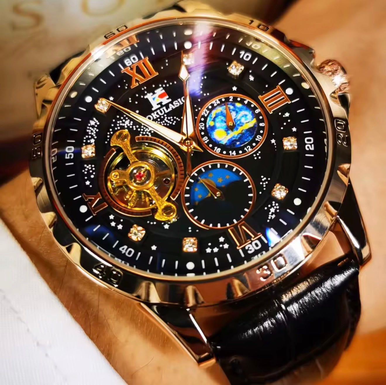 AOKULASIC Skeleton Automatic Men’s Watch with Moon Phase Dial