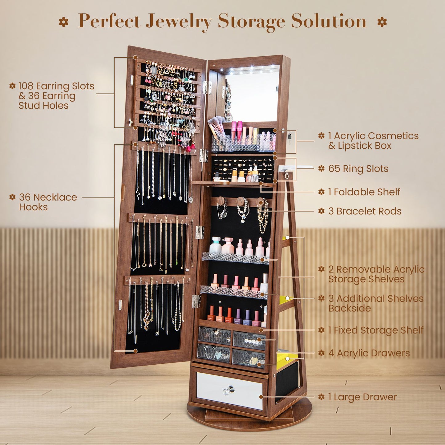 Lockable 360-Degree Rotating Jewelry Armoire with Full-Length Mirror