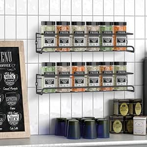 Spice Racks Organiser - 4 Tier Hanging Stainless Steel Wall Mounted with Adhesive Stickers & Screws Kitchen Pantry Shelf for Spices and Condiments, Jars (Black)