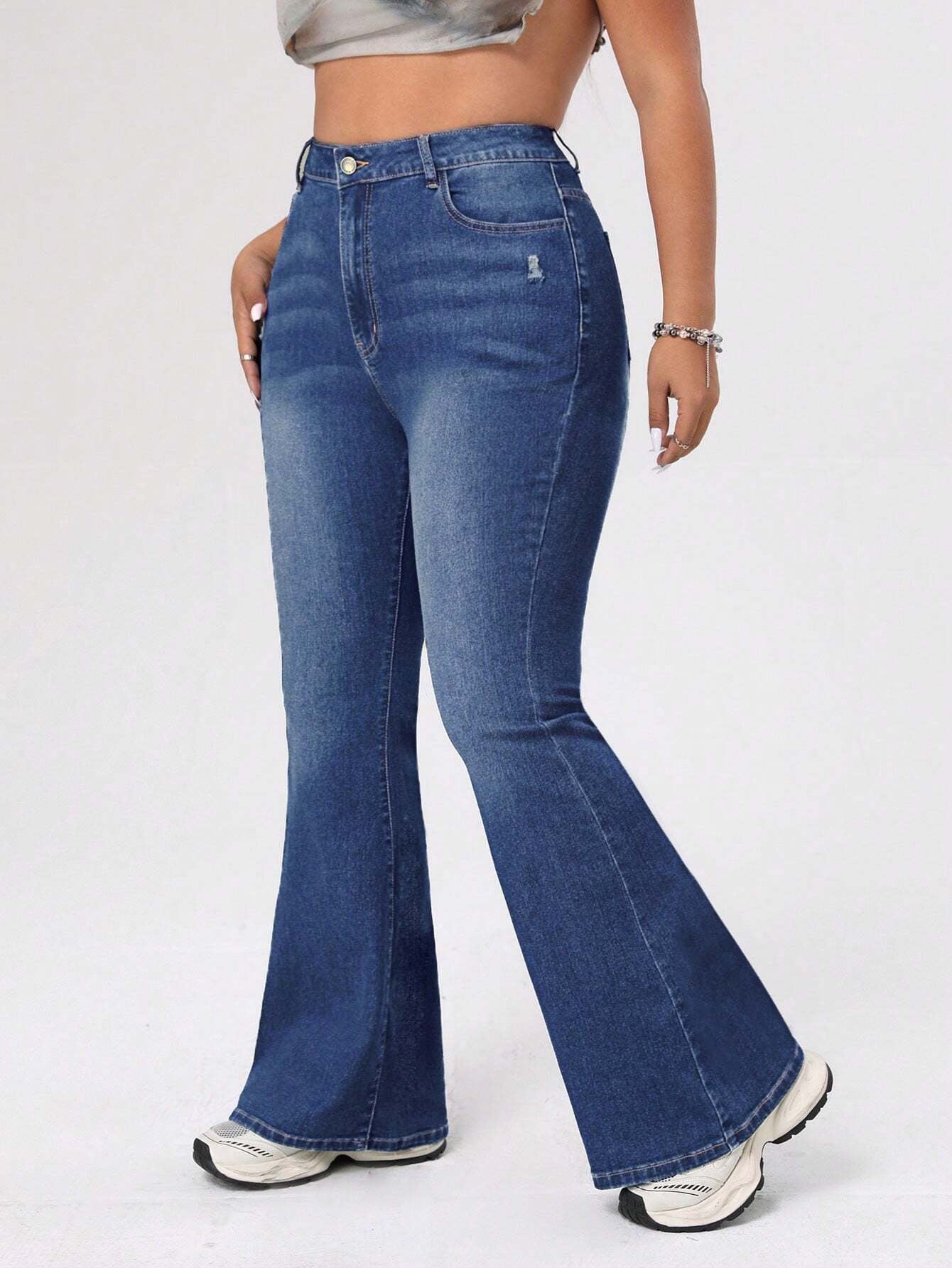 ICON Plus Size Women's Distressed Flared Jeans