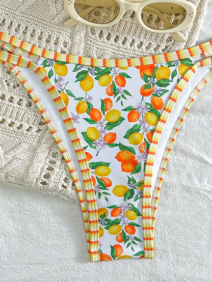 Swim Vcay 2Pcs/Set Sexy Fruit Print Contrast Color Trim Swimwear Top and Side Strap Swimwear Bottom, Summer Holiday Vacation