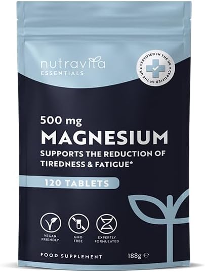 High Strength 500mg Magnesium Supplements - 120 Vegan Tablets - 4 Month Supply - Supports Muscle Function, Energy, Bone Health, and Nervous System - Convenient Letterbox Friendly Packaging - Made in the UK