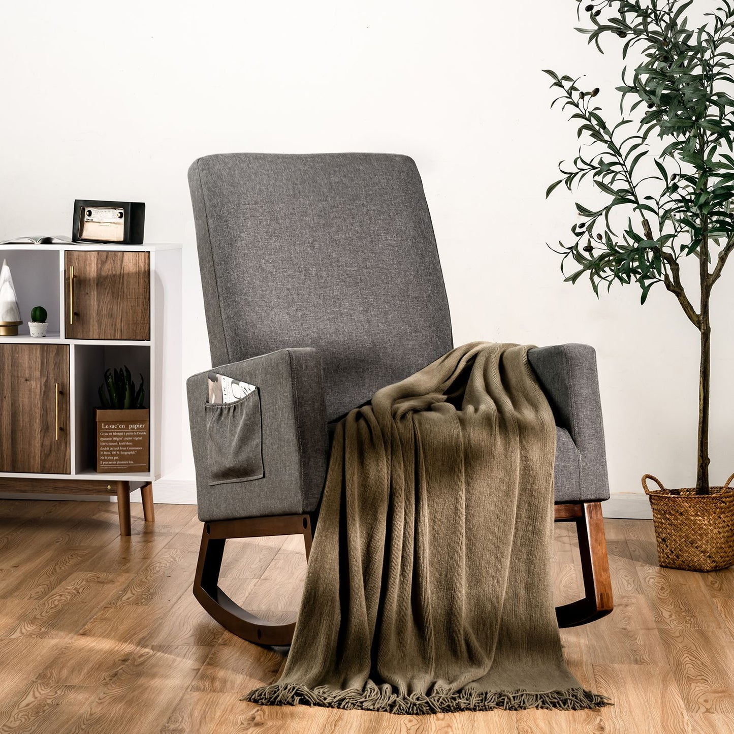 Upholstered Fabric Armchair with Rubberwood Base