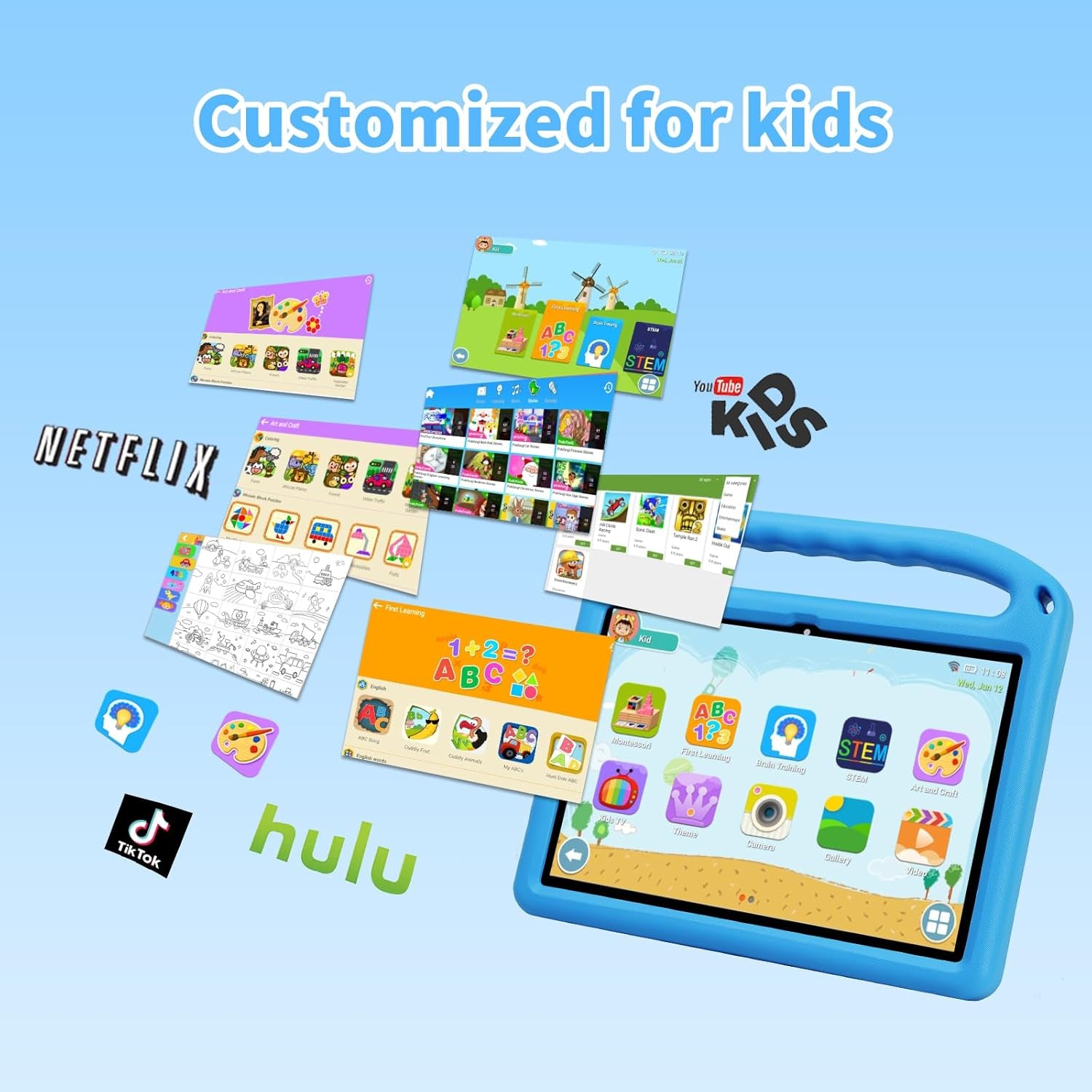 Android 14 Kids Tablet 10 Inch,Tablet for Children with Family Link Parental Control,8Gb+128Gb up to 1Tb,Octa-Core,Wifi 6,GMS to Learn Tablets for Toddlers,Face Id,Shockproof EVA Case (Blue）