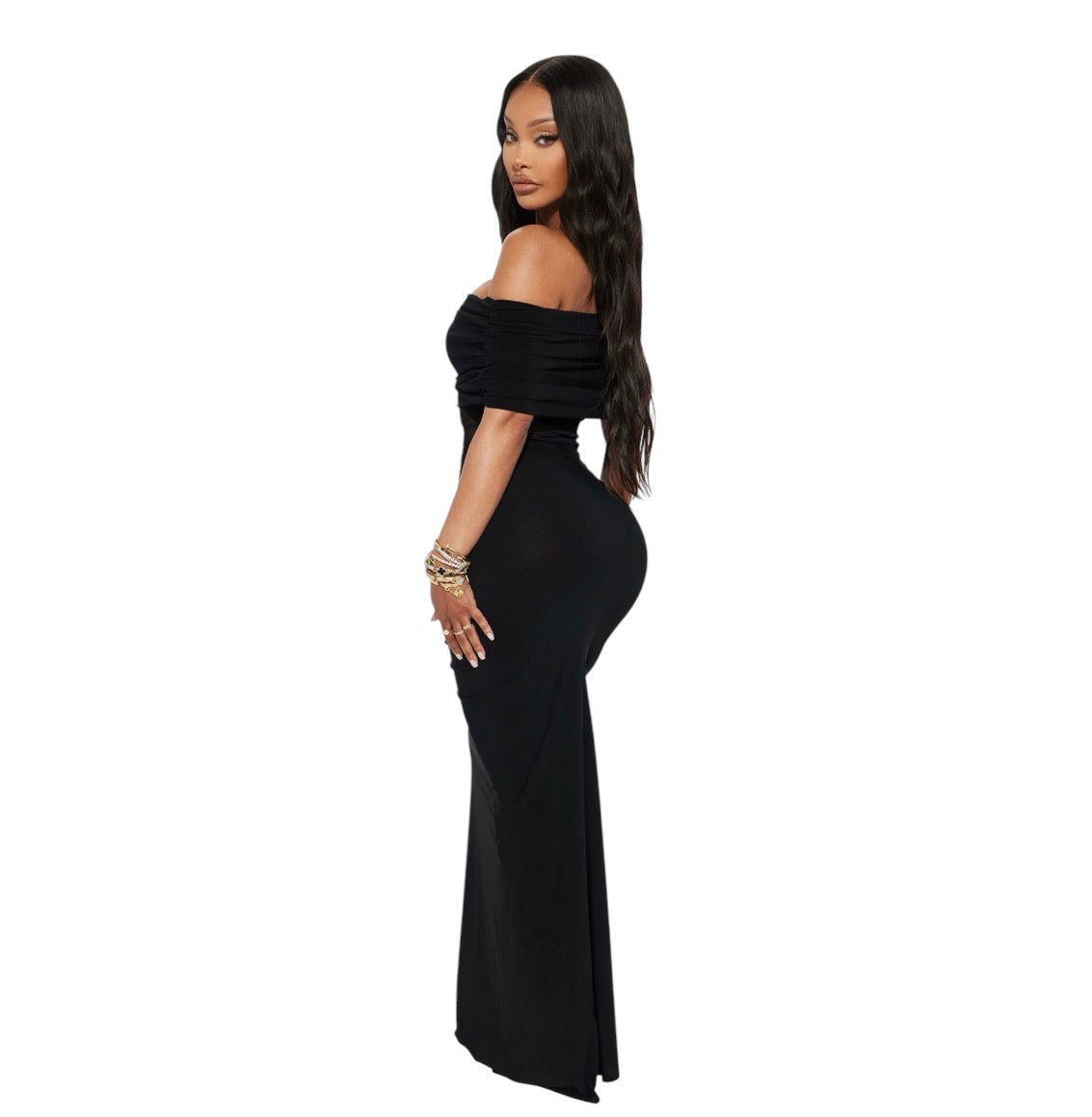 Jesika Ruched Off Shoulder Maxi Dress Black