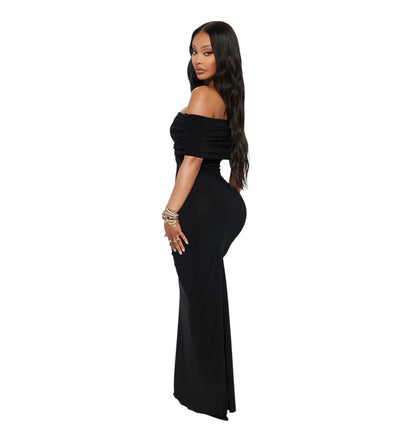 Jesika Ruched Off Shoulder Maxi Dress Black