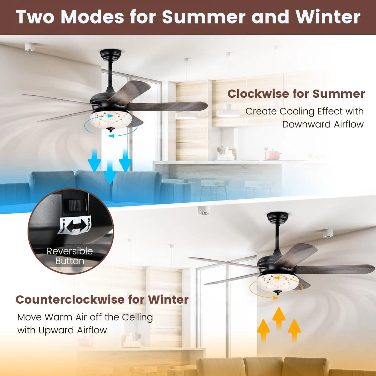 52-Inch Crystal Light Ceiling Fan with Remote Control