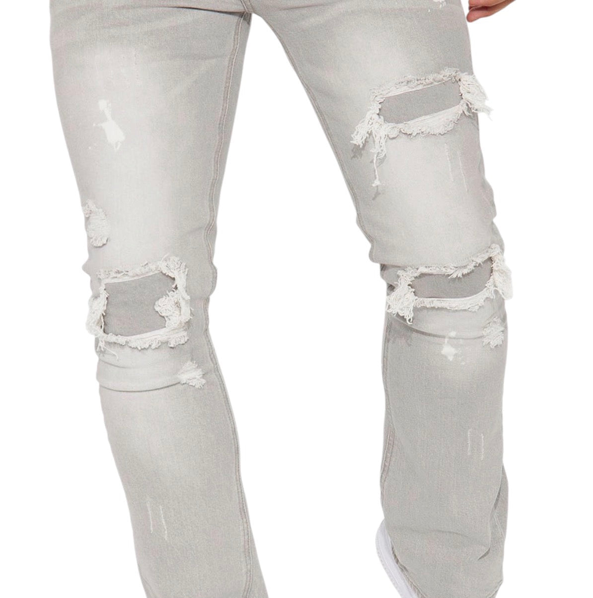 Ripped Stacked Skinny Flare Jeans Grey