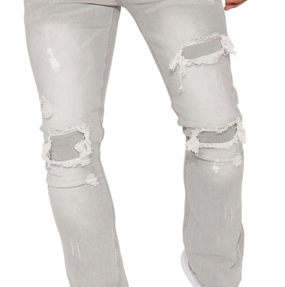 Ripped Stacked Skinny Flare Jeans Grey
