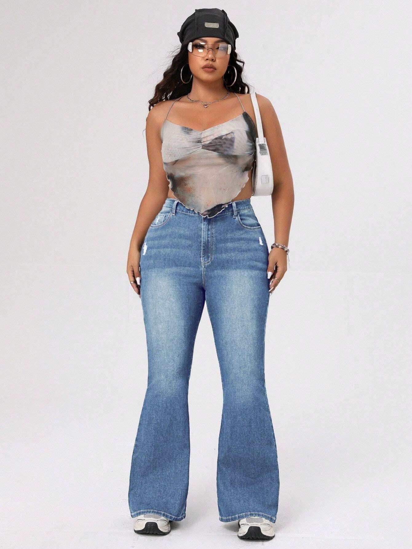 ICON Plus Size Women's Distressed Flared Jeans