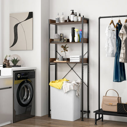 Three-Tier Over-the-Toilet Storage Rack with Four Hooks and Adjustable Base Bar