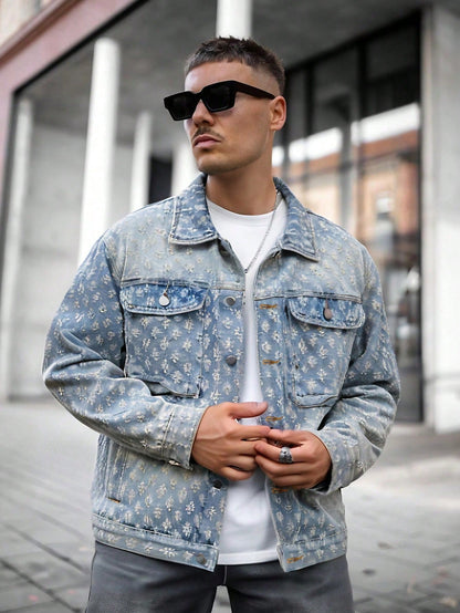 Men'S Retro Streetwear Fashion American Style Floral Print Denim Jacket, & Niche