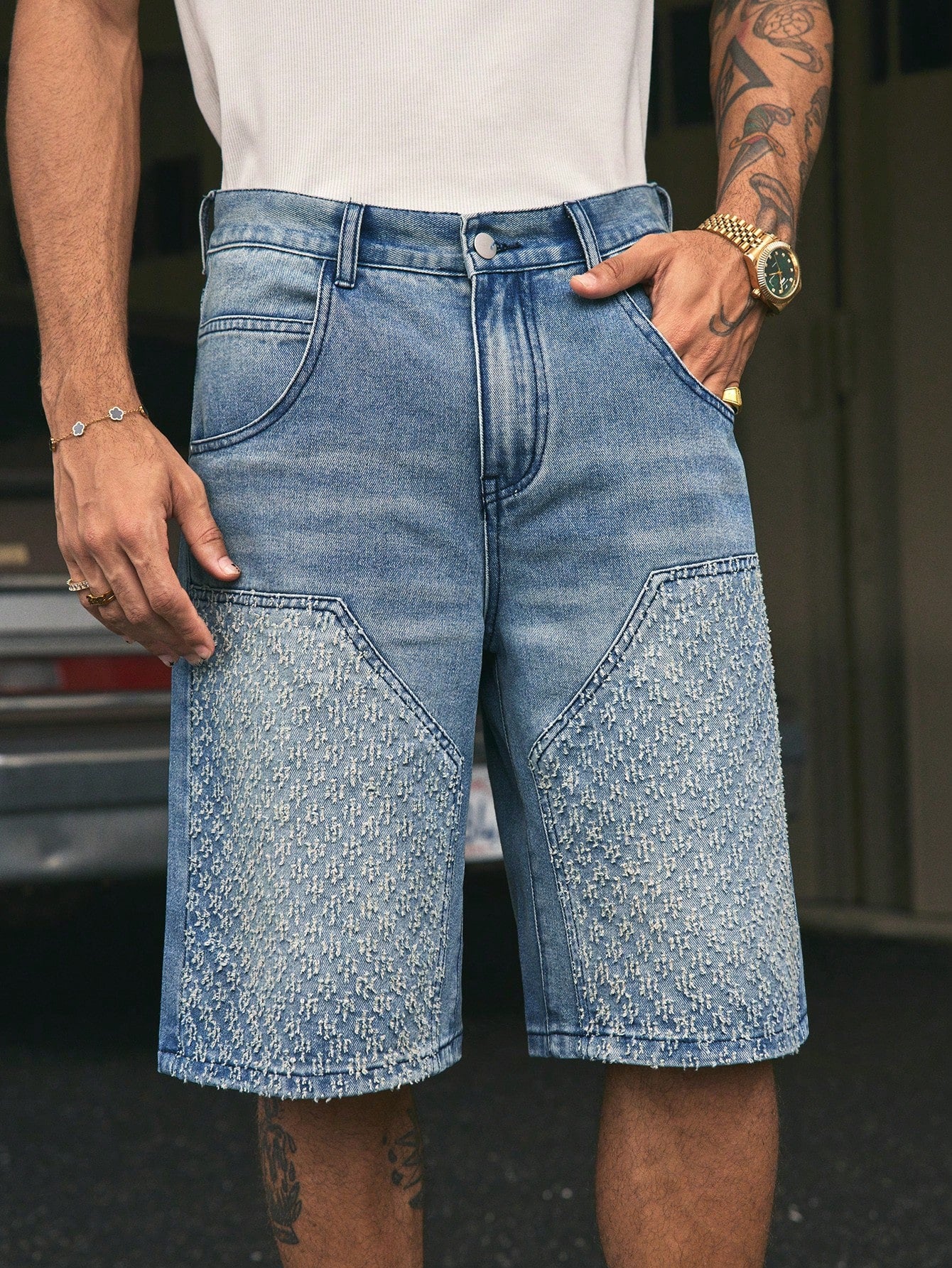 AXEPEAK Pocket Embossed Loose Casual Versatile Denim Bermuda Shorts, Spring/Summer