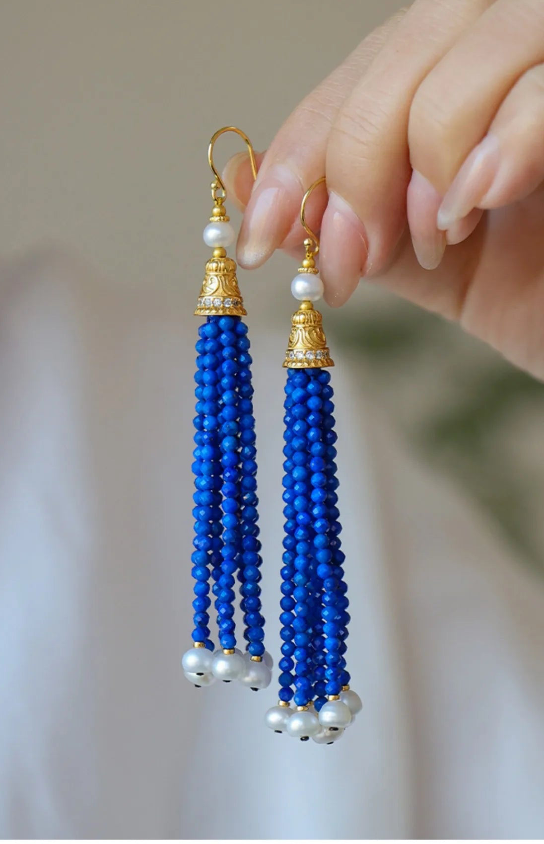 Lapis Lazuli Necklace and Earrings Set in Sterling Silver with Gilt Finish - Retro High Fringed Jewelry Ensemble