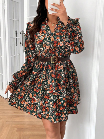 Plus Size Floral Notch Neck Dress for Women - Elegant Long Sleeve Casual Attire for Spring, Summer, and Fall