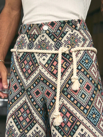AXEPEAK Men'S Geometric Print Drawstring Waist Casual Pants, Vacation Style, Streetwear Ready