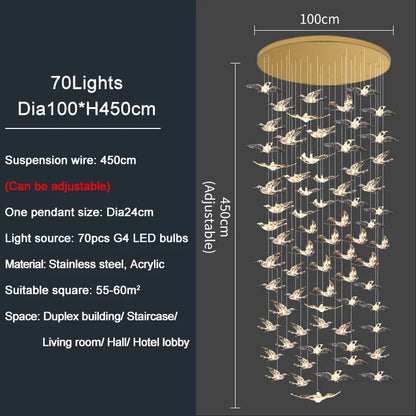 Luxury Led Chandelier for Staircase Modern Home Decor Hanging Lamp Creative Bird Design Lighting Acrylic Living Room Lustre