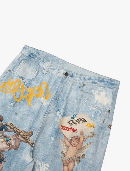 RETRO ARTISTIC GRAFFITI ANGELIC PRINTS BAGGY JEANS