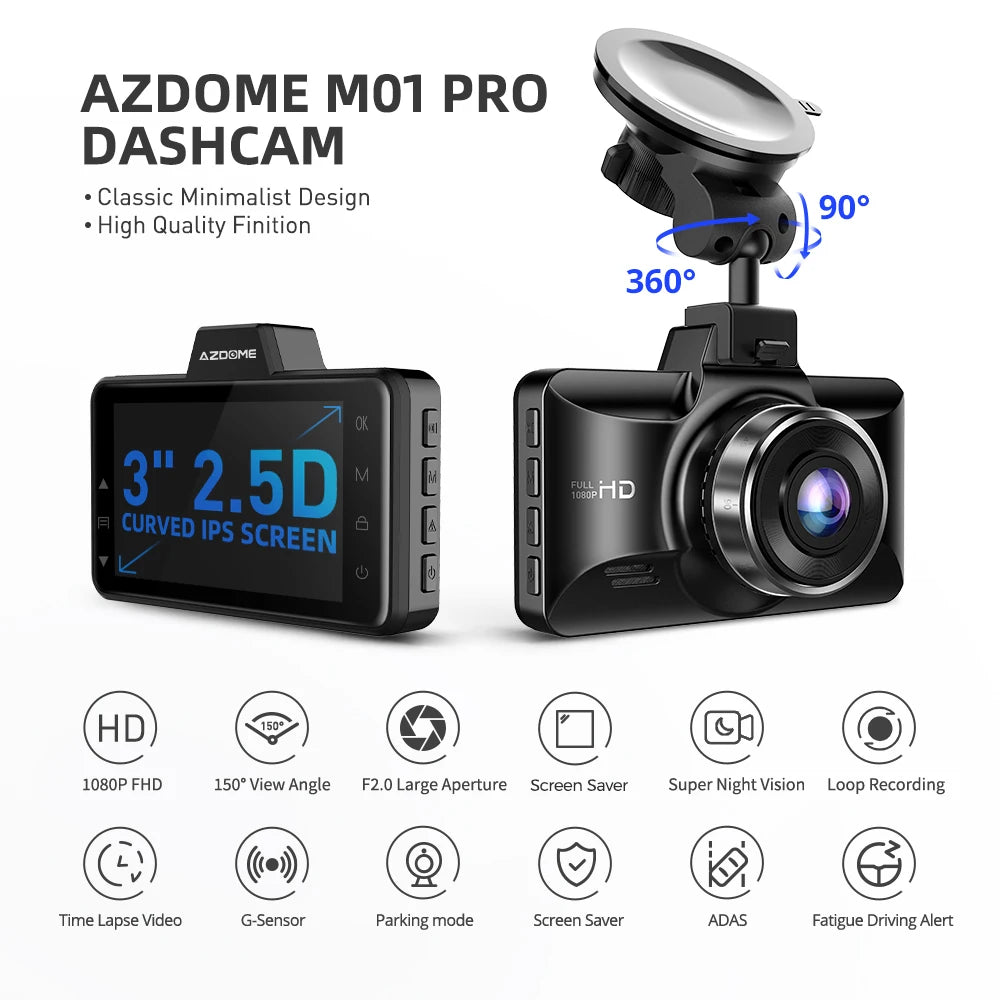 M01 Pro Dash Cam: High-Definition 1080P Recording with 3" IPS Display, Advanced Driver Assistance System, and Dual-Channel Coverage for Ultimate Road Safety