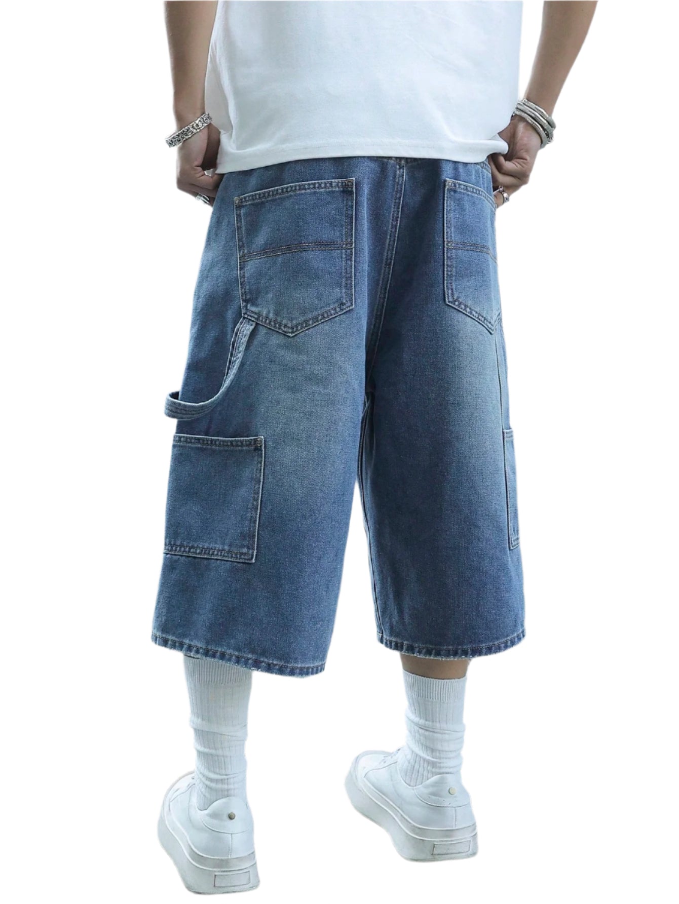 Manfinity EMRG Men'S Mid-Blue Washed Denim Cargo Shorts, Patchwork Street Style Loose Fit Jorts