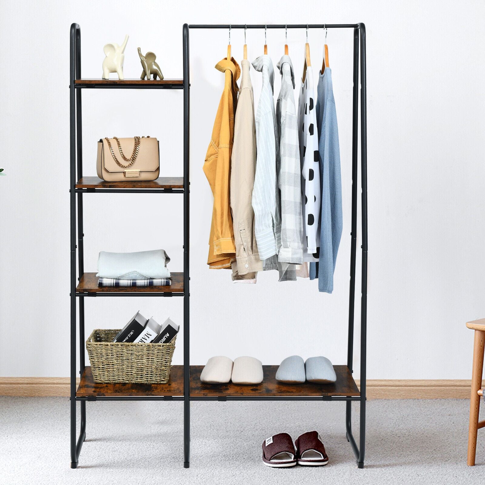 Free-Standing Clothing Rack with Five-Tier Wooden Shelves