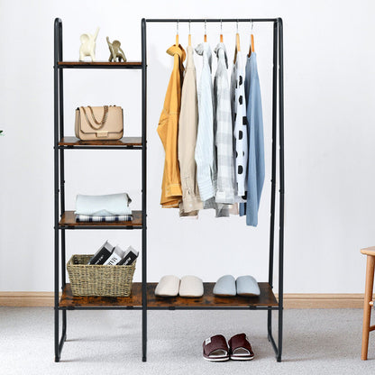 Free-Standing Clothing Rack with Five-Tier Wooden Shelves