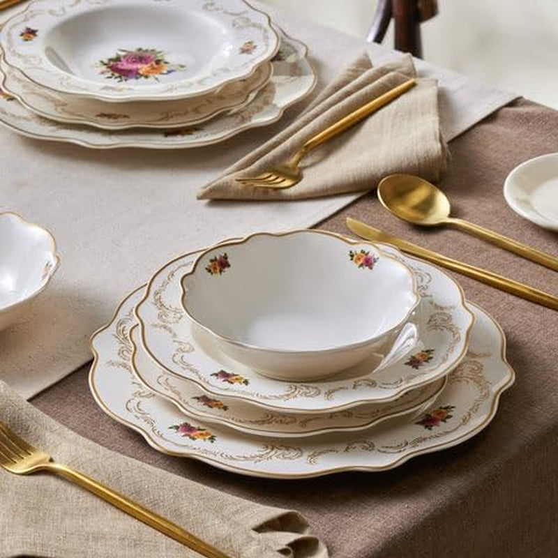 Antique Plates and Bowls Set for 6 People, White Dinner Set, Complete Kitchen Tableware Collection, Colourful Flower Design, Bone China, 24 Piece