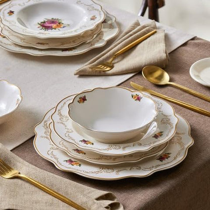Antique Plates and Bowls Set for 6 People, White Dinner Set, Complete Kitchen Tableware Collection, Colourful Flower Design, Bone China, 24 Piece